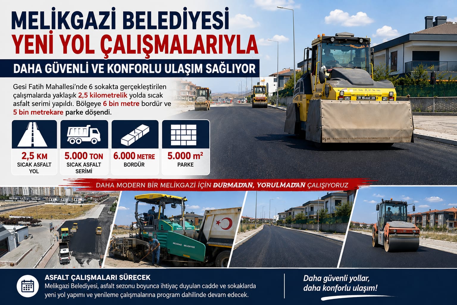 MELİKGAZİ’DE YOLLAR YENİLENİYOR: 2,5 KİLOMETRELİK ASFALT ATAĞI