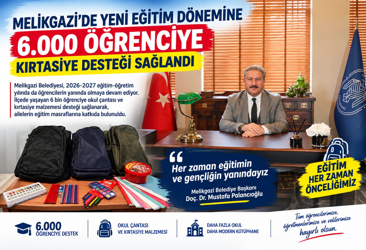 MELİKGAZİ’DE YENİ EĞİTİM DÖNEMİNE 6 BİN ÖĞRENCİYE KIRTASİYE DESTEĞİ