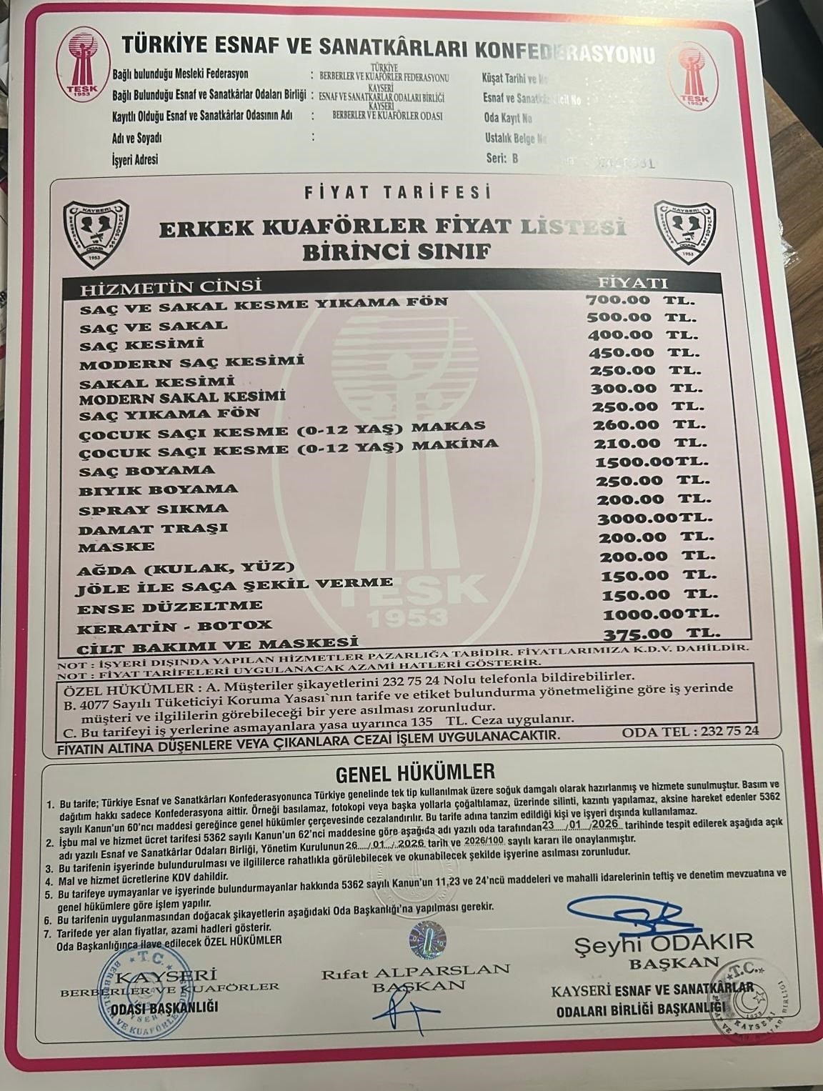 BERBER ÜCRETLERİNE ZAM