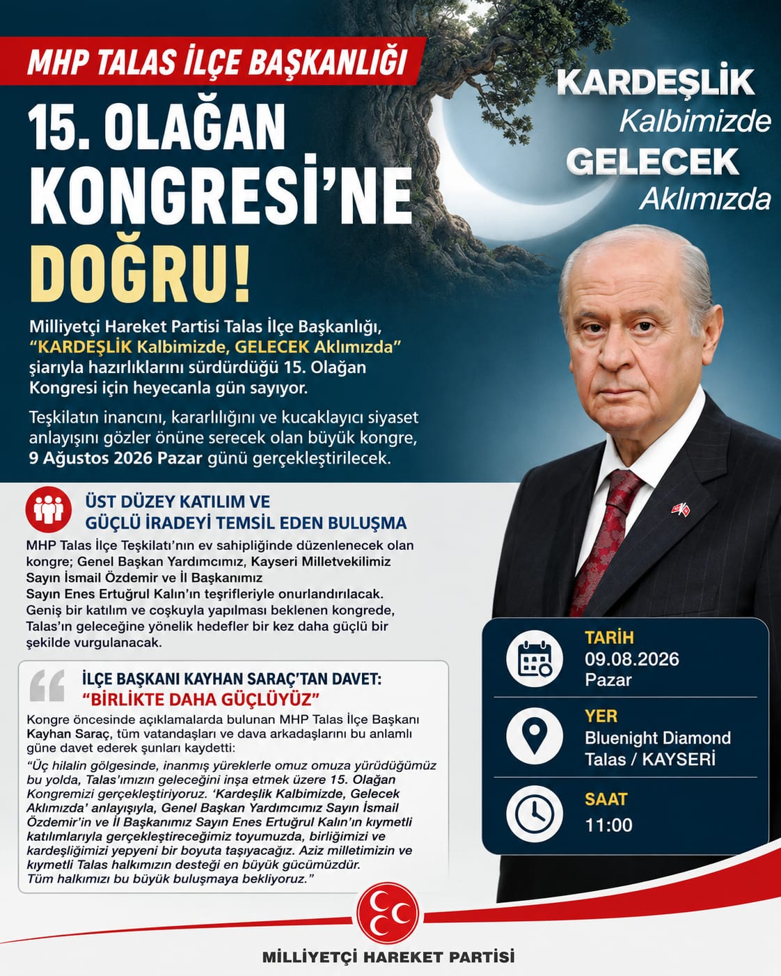 MHP Talas İlçe Başkanlığı 15. Olağan Kongresi 9 Ağustos'ta Yapılacak