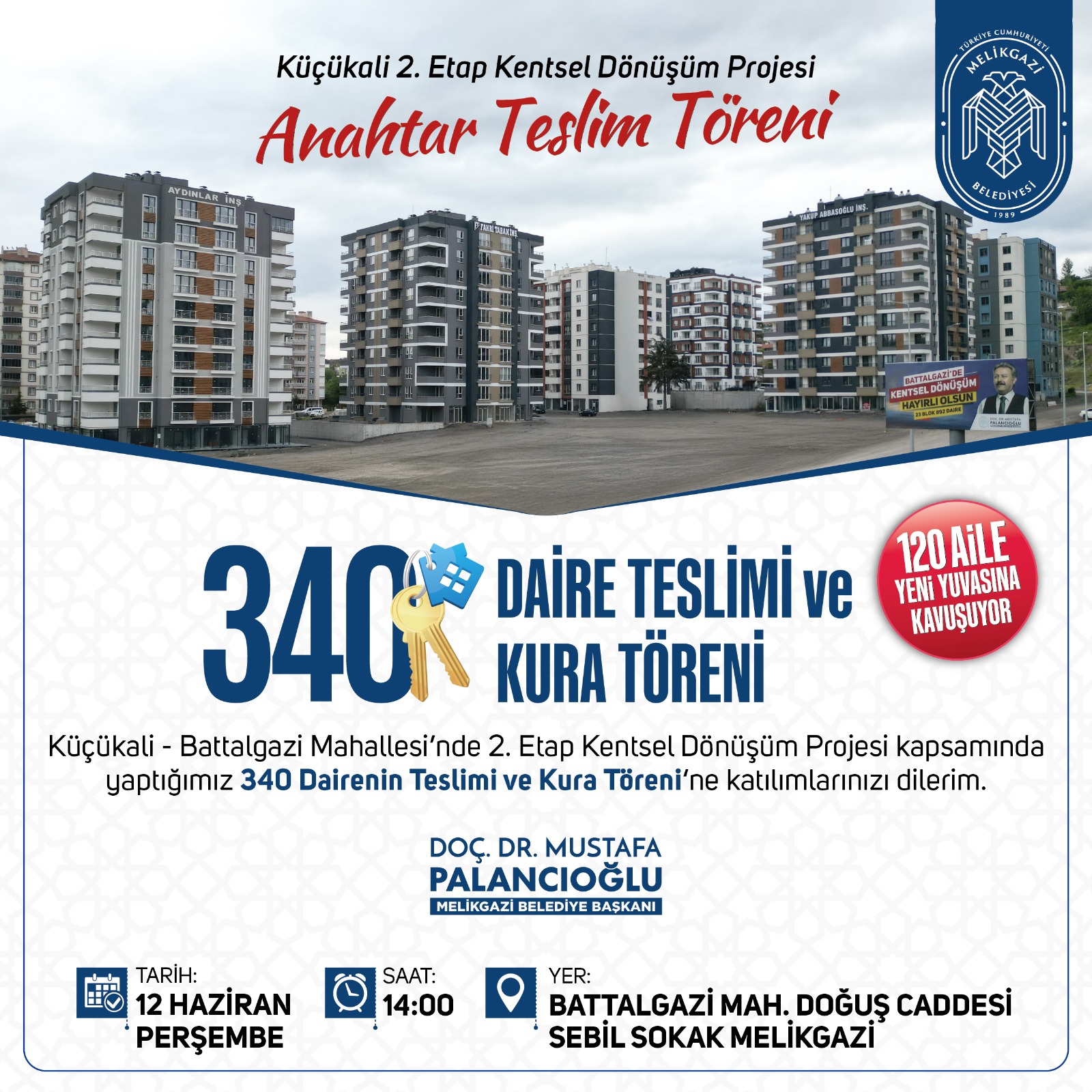 MELİKGAZİ BELEDİYESİ 340 DAİRENİN TESLİMİ VE KURA TÖRENİNİ GERÇEKLEŞTİRECEK