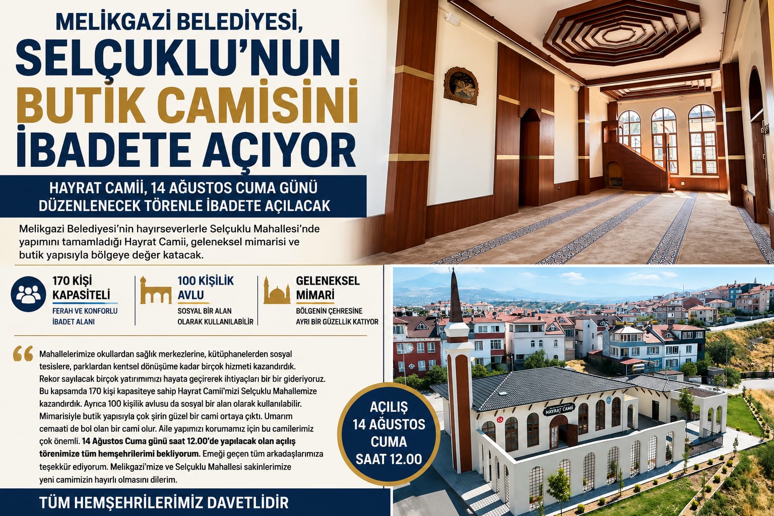 MELİKGAZİ BELEDİYESİ, SELÇUKLU’NUN BUTİK CAMİSİNİ İBADETE AÇIYOR