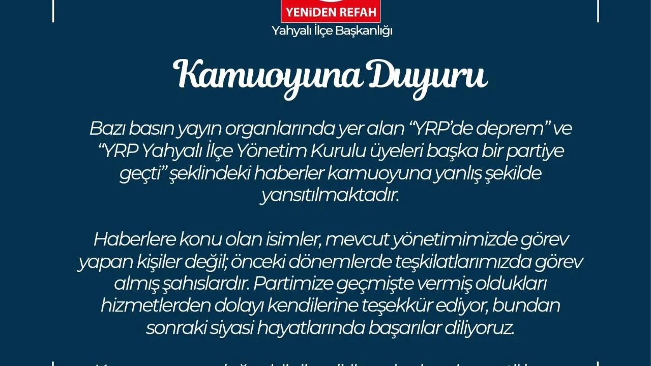 YENİDEN REFAH PARTİSİNDEN AÇIKLAMA